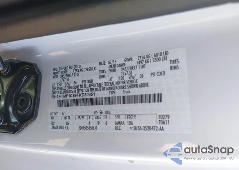 2015 Ford F-150 Xl из США, поврежденный, VIN 1FTMF1C89FKD30451